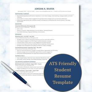 May include: A professional CV template for a student named Jordan A. Rivera, featuring sections for professional summary, education, experience, and technical skills. A blue and silver pen rests on the document, and a circular blue badge reads ATS Friendly Student Resume Template.