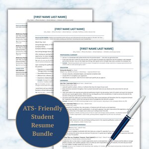 May include: A stack of three white CV templates with black text and a blue and silver ballpoint pen. A circular dark blue badge is overlaid on the bottom left, featuring the gold text "ATS-Friendly Student Resume Bundle" in a serif font.