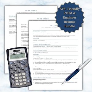 May include: A stack of professional resume documents with black text on white paper, accompanied by a black solar calculator displaying the number 3.141592654 and a silver and blue ballpoint pen, featuring a dark blue starburst label with white text.