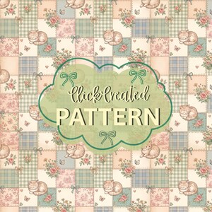 May include: A repeating patchwork pattern featuring illustrations of sleeping cats, pink roses, butterflies, and bows in soft pastel shades of blue, green, and cream. A central green cloud-shaped overlay displays the text clickcreated PATTERN.