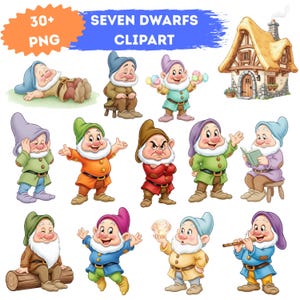 Può includere: Una collezione digitale di oltre 30 immagini clipart PNG che ritraggono sette nani in varie pose, espressioni e abiti colorati, insieme a un'illustrazione dettagliata di un cottage con tetto di paglia e muri in pietra su sfondo bianco.