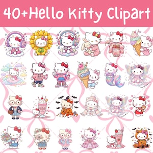 Op de afbeelding: Een digitale collectie van meer dan 40 Hello Kitty clipart-illustraties met het personage in diverse outfits en activiteiten, waaronder met een koptelefoon, in een zonnebloemkostuum, als zeemeermin en met ijshoorntjes.