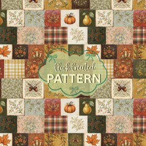 Op de afbeelding: Een stofpatroon met een raster van vierkante tegels met herfstthema-illustraties, waaronder pompoenen, peren, paddenstoelen, eikels, esdoornbladeren en bloemmotieven in tinten oranje, groen en bruin, met de tekst clickcreated PATTERN.