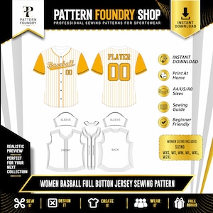 May include: A digital sewing pattern for a baseball jersey featuring a white and yellow pinstripe design with gold sleeves. The layout includes front and back views, flat pattern pieces, and text labels such as Pattern Foundry Shop and Player 00.