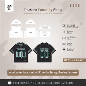 以下が含まれることがあります： Pattern Foundry Shopによる大人用アメリカンフットボール練習用ジャージのデジタル縫製パターン。画像には、袖、前身頃、後身頃、ヨーク、バンドなどの平らなパターンピースと、完成した黒いジャージのイラストが表示されています。
