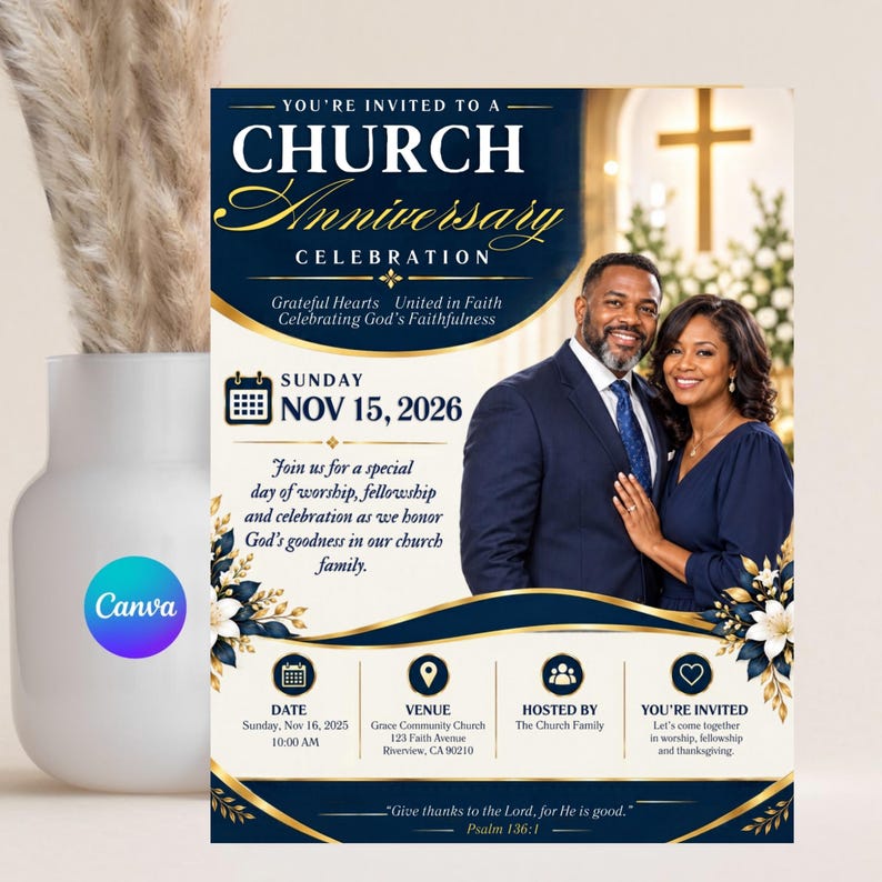 Church Anniversary Flyer Template, Editable Canva Pastor Anniversary ...