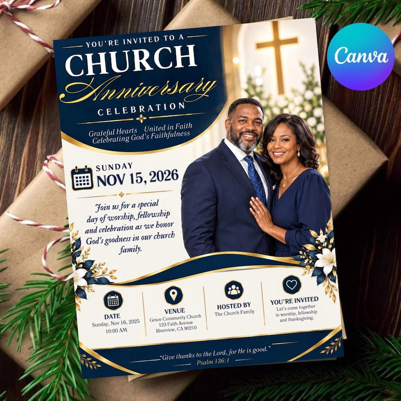 Church Anniversary Flyer Template, Editable Canva Pastor Anniversary ...