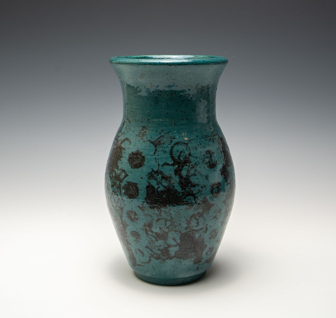 Large Teal Ceramic Vase With a Black Stamping Design on a Etsy