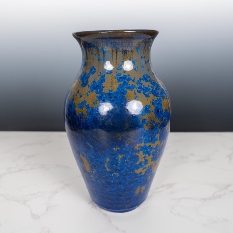 Handmade Crystalline Glaze Vase — Blue & Gold by Mark Barta — detail view 4