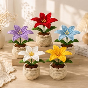 May include: Five crocheted lily flowers in individual beige pots. The flowers are red, purple, light blue, white, and yellow. Each plant features green leaves and a brown soil base. The pots are textured with a crocheted pattern and a scalloped rim.