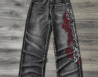 Unisex Y2K Vintage Tribal Flames Embroidered Japan Style Retro Jeans Pants – Washed Black