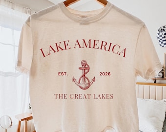 T-shirt « Lake America EST 2026 PNG », motif « Lake Ontario rebaptisé », Grands Lacs PNG, T-shirt patriotique sur le thème des lacs