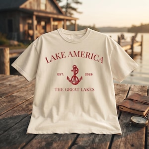 Peut inclure: Un t-shirt &agrave; manches courtes de couleur cr&egrave;me avec un texte rouge indiquant LAKE AMERICA, EST. 2026 et THE GREAT LAKES, centr&eacute; autour d'un graphique rouge repr&eacute;sentant une ancre marine. Le t-shirt a un col rond et une coupe standard.