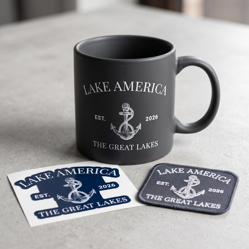 Peut inclure: Un mug en c&eacute;ramique noir mat avec le texte blanc LAKE AMERICA EST. 2026 THE GREAT LAKES et un motif d'ancre central. &Agrave; c&ocirc;t&eacute; se trouvent un autocollant carr&eacute; assorti et un &eacute;cusson en tissu rectangulaire, arborant tous le m&ecirc;me motif.