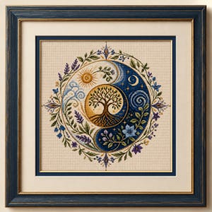 Könnte beinhalten: Eine gerahmte Kreuzstichstickerei mit einem kreisförmigen Yin-Yang-Motiv. Die linke Seite zeigt eine goldene Sonne und Wolken, während die rechte Seite eine Mondsichel und Sterne darstellt. Ein zentraler Baum mit Wurzeln verbindet beide Hälften, umgeben von einer detaillierten floralen und botanischen Bordüre in Blau-, Grün- und Violetttönen.