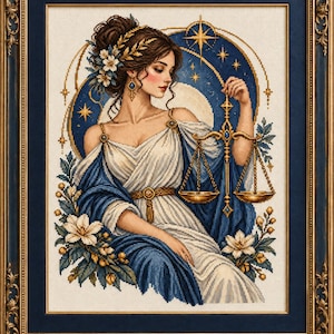 May include: A framed cross-stitch embroidery depicting a figure in a white and blue draped garment holding a golden scale. The figure has dark hair adorned with white flowers and gold leaves, set against a dark blue circular background with stars.