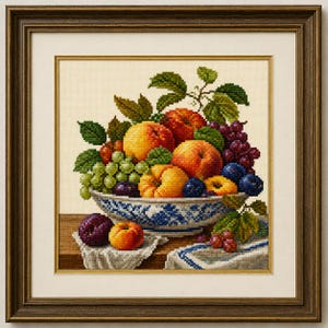 May include: A cross-stitch embroidery of a fruit bowl filled with peaches, green and purple grapes, and plums. The bowl features a blue and white pattern and sits on a white cloth. The artwork is framed in a dark brown wooden frame with gold trim.