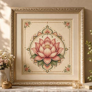 Peut inclure: Une broderie au point de croix encadrée représentant une grande fleur de lotus rose centrale avec des feuilles vertes, entourée d'une bordure décorative circulaire. Le motif est sur un fond en tissu crème avec des petits accents floraux aux coins.