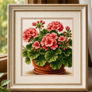 Peut inclure: Une broderie au point de croix encadrée représentant un géranium en pot avec des fleurs roses éclatantes et des feuilles vertes texturées. L'œuvre est insérée dans un cadre en bois orné de couleur claire avec un passe-partout crème.