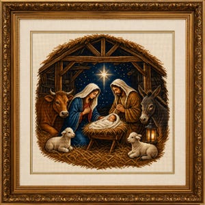 May include: A framed cross-stitch artwork depicting a nativity scene with a central infant in a manger, surrounded by two figures, a cow, a donkey, and two lambs inside a wooden stable under a bright star against a dark blue starry night sky.