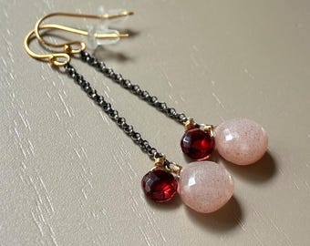 Mixed Metal Gemstone Earrings // Clover Blue Jewelry // Pink Moonstone Garnet Earrings