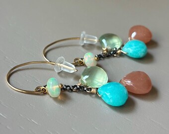 Mixed Metal Gemstone Earrings // Clover Blue Jewelry // Opal Prehnite Amazonite Moonstone Earrings