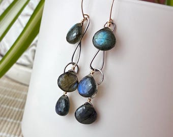Mixed Metal Gemstone Earrings // Clover Blue Jewelry // Blue Flash Labradorite Earrings