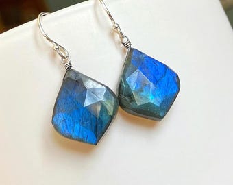 Labradorite Gemstone Earrings, Oxidized Sterling Silver Wire Wrap