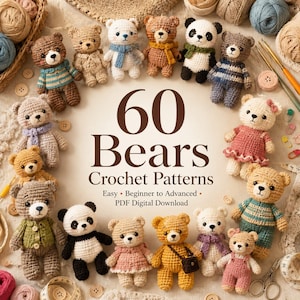 Puede incluir: Una colección de 14 osos pequeños de ganchillo dispuestos en círculo alrededor del texto 60 Bears Crochet Patterns Easy Beginner to Advanced PDF Digital Download. Los osos presentan varios colores, atuendos y accesorios como bufandas y bolsos.