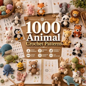 May include: A collection of various small crocheted animal figures including a bear, pig, fox, elephant, lion, panda, tiger, giraffe, cow, whale, turtle, octopus, bee, butterfly, rabbit, dog, and unicorn, arranged around a book titled 1000 Animal Crochet Patterns.
