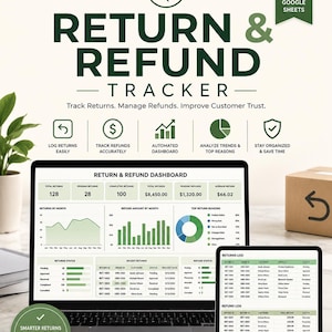 Puede incluir: Una plantilla digital de seguimiento de devoluciones y reembolsos para Excel y Google Sheets. La pantalla muestra un panel con visualizaciones de datos, incluyendo gráficos de líneas, gráficos de barras y un gráfico circular.