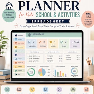 Puede incluir: Una hoja de cálculo digital de planificación para padres sobre actividades escolares de niños, mostrada en una pantalla de portátil. El panel incluye secciones para tareas, exámenes, actividades y gastos, con gráficos de seguimiento.