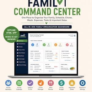 Könnte beinhalten: Ein digitales Familien-Command-Center-Dashboard auf einem Laptop-Bildschirm. Die Benutzeroberfläche enthält Bereiche für Aufgaben, Termine, Hausarbeiten, Rechnungen, Zeitpläne und Essensplanung. Symbole für Familienmitglieder und Budget unten.