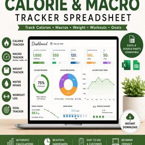 Peut inclure: Une feuille de calcul tout-en-un pour le suivi des calories et des macros affichée sur un écran d'ordinateur portable. Le tableau de bord présente des données sur les calories, protéines, glucides, lipides, poids, eau et exercices.
