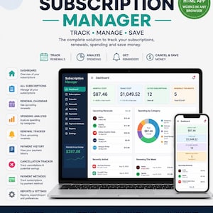 Puede incluir: Una interfaz de software de gestión de suscripciones mostrada en una pantalla de portátil y smartphone. El panel incluye gráficos, análisis de gastos, calendarios de renovación e historial de pagos. El texto incluye Subscription Manager, Track, Manage, Save y varios datos financieros como costes mensuales y renovaciones.