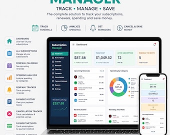 Puede incluir: Una interfaz de software de gestión de suscripciones mostrada en una pantalla de portátil y smartphone. El panel incluye gráficos, análisis de gastos, calendarios de renovación e historial de pagos. El texto incluye Subscription Manager, Track, Manage, Save y varios datos financieros como costes mensuales y renovaciones.
