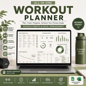 Workout Planner Spreadsheet | Fitness Tracker Excel  Google Sheets | Exercise Log | Weight Loss & Body Measurement