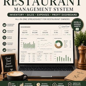 Può includere: Un sistema di gestione per ristoranti sotto forma di foglio di calcolo visualizzato su uno schermo di un portatile, con una dashboard che mostra dati su ricavi, spese e profitti, inclusi strumenti di monitoraggio scorte e vendite.