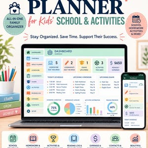 Puede incluir: Un planificador digital para actividades escolares de niños mostrado en una laptop y un teléfono inteligente. La interfaz presenta un panel con horarios, tareas, exámenes y gastos. Incluye iconos para el seguimiento de actividades escolares.