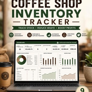 Op de afbeelding: Een digitale voorraadtracker voor koffiezaken op een laptopscherm, met een dashboard met grafieken en gegevenstabellen voor voorraadbeheer, inkooptracking en analyse van afvalkosten, inclusief 9 tabbladen voor Excel en Google Sheets.