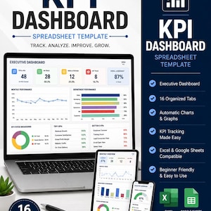 Op de afbeelding: Een KPI-dashboard spreadsheet-sjabloon weergegeven op een laptop, tablet en smartphone. Het scherm toont datavisualisaties met lijngrafieken, staafdiagrammen en een ringdiagram. Tekst bevat KPI DASHBOARD, 16 ORGANIZED TABS en EXCEL.