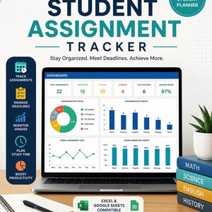 May include: A digital student assignment tracker displayed on a laptop screen, featuring a dashboard with charts, graphs, and statistics. The interface includes sections for tracking assignments, managing deadlines, and monitoring grades in various subjects.