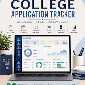 May include: A digital college application tracker displayed on a laptop screen, featuring a dashboard with charts, application status, and expense tracking. The interface includes sections for documents, scholarships, and deadlines, with text reading College Application Tracker.