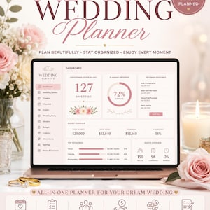 May include: A digital wedding planner displayed on a laptop screen, featuring a dashboard with a countdown, budget overview, and progress charts. The interface includes sections for guests, vendors, and timelines, with text reading Wedding Planner and All-in-one planner for your dream wedding.