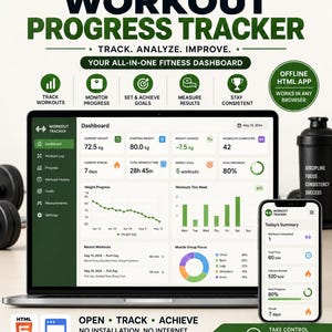 May include: A digital workout progress tracker dashboard displayed on a laptop and smartphone screen. The interface features fitness metrics, weight progress charts, workout logs, and muscle group focus graphs. Text includes WORKOUT PROGRESS TRACKER, YOUR ALL-IN-ONE FITNESS DASHBOARD, and OFFLINE HTML APP.
