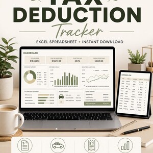 Könnte beinhalten: Eine digitale Steuerrückerstattungs-Tracker-Tabelle auf einem Laptop- und Tablet-Bildschirm. Das Dashboard zeigt Diagramme, Ausgabenprotokolle und Finanzübersichten. Der Text umfasst TAX DEDUCTION Tracker, EXCEL SPREADSHEET, INSTANT DOWNLOAD, EXPENSE LOG, EXPENSE TRACKER, MILEAGE LOG, RECEIPT TRACKER und AUTO DASHBOARD.