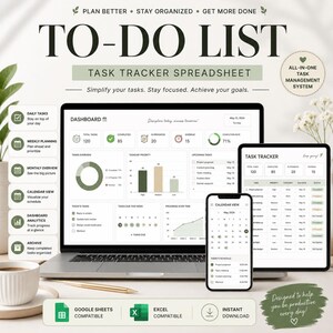 Peut inclure: Un tableur de suivi des tâches numérique affiché sur un ordinateur portable, une tablette et un smartphone. L'interface présente un tableau de bord avec des graphiques, des listes de tâches et un calendrier. Texte : TO-DO LIST, DASHBOARD.