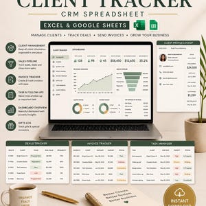 May include: A digital client tracker CRM spreadsheet for Excel and Google Sheets displayed on a laptop screen. The interface features a dashboard with revenue charts, sales pipelines, and client profiles. Includes separate trackers for deals, invoices, and tasks.