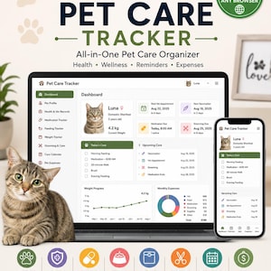 Puede incluir: Un rastreador digital de cuidado de mascotas en una pantalla de portátil y smartphone, con un panel para salud, bienestar, medicación y gastos. La interfaz incluye un perfil de gato, gráficos de peso y listas de tareas pendientes.