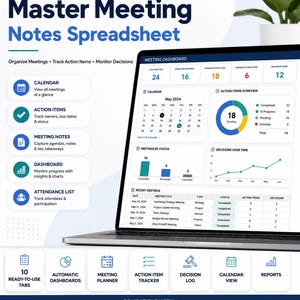 May include: A digital Master Meeting Notes Spreadsheet displayed on a laptop screen, featuring a dashboard with a May 2024 calendar, action items, and meeting status charts. The interface includes tabs for calendar, action items, notes, and attendance.